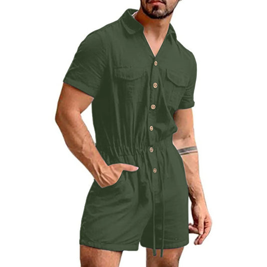 Men's Summer Casual Short Sleeve/Turn-down Collar Button Solid Color Shorts