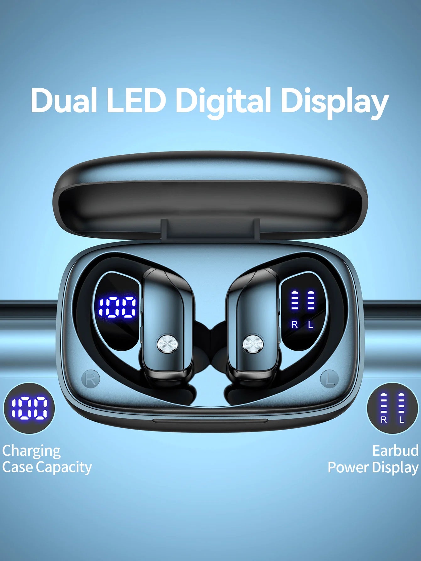 T16 Bluetooth 5.0 Ear-Hook Sports Earphones, IPX5 Waterproof ABS Earbuds/Wireless Charging Case, Dual LED Display, 48H Playtime