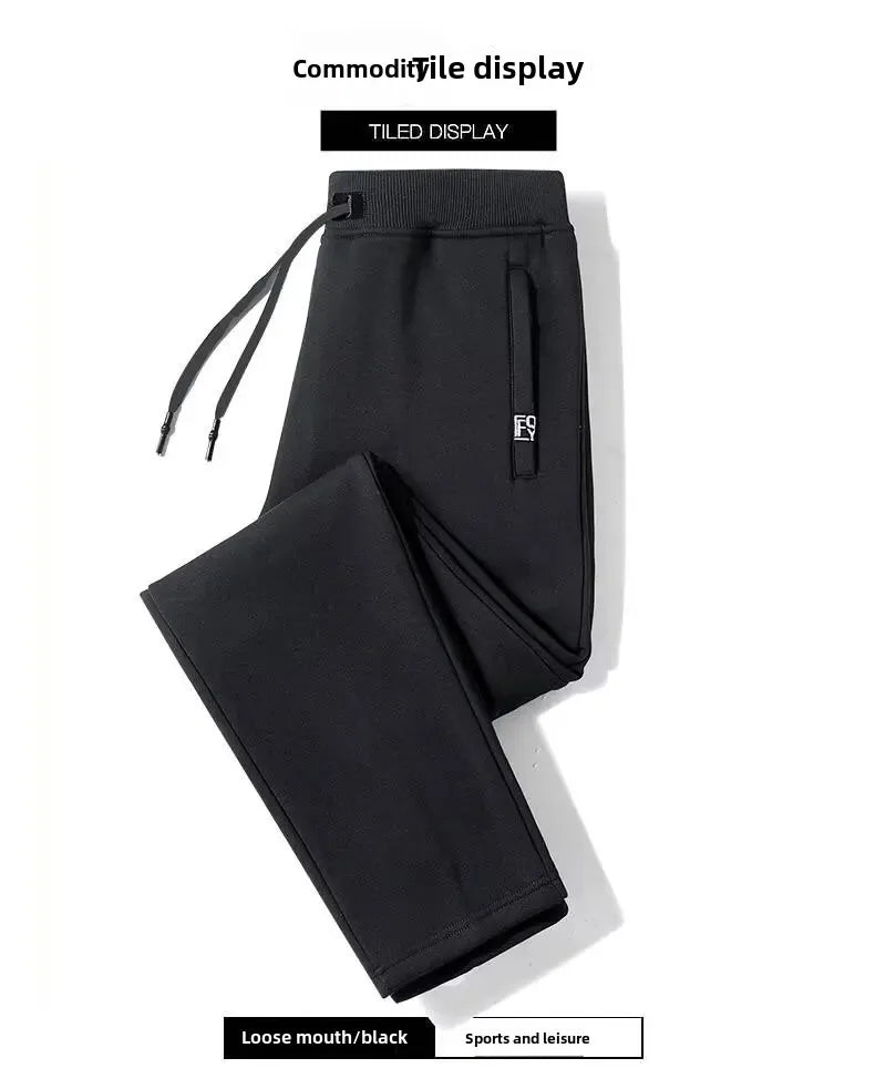 Men's Autumn/Winter Fleece-Lined and Thickened Sweatpants/Versatile Casual Straight-Leg Pants Loose-Fitzip U pocket Solid Color