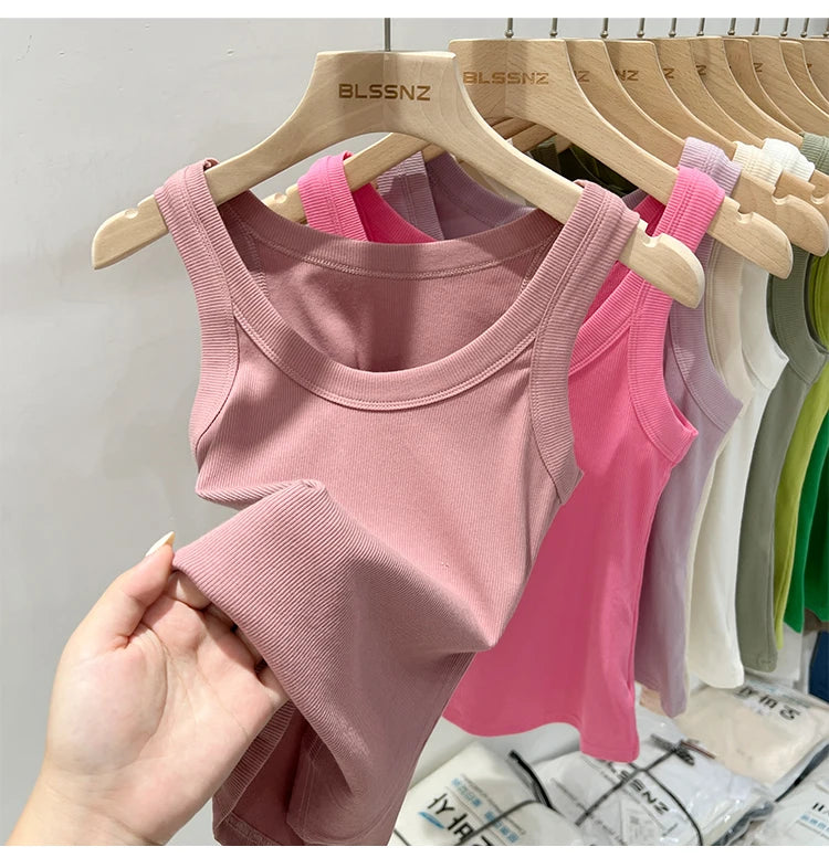 zjaiss Women Solid Round Neck Ribbed Tank Top Camisole Women/Summer Basic Elastic Tank Top O Neck Solid Tank Top