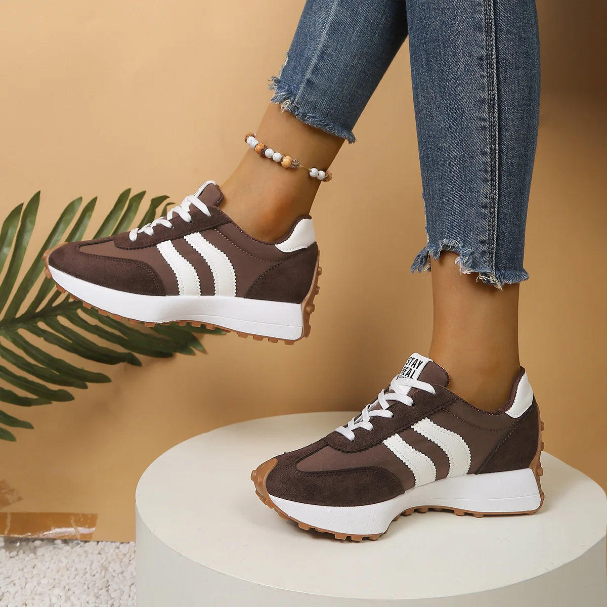 Multi Color Women Retro 3 Stripes Suede Lace Up Sneakers/Low Top Lightweight Breathable Walking Trainers Non Slip Comfortable Shoes