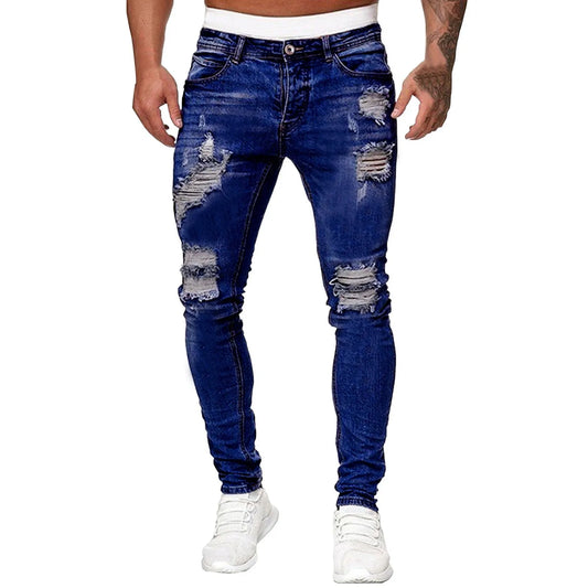 Fashion Streetwear Ripped Jeans Men/High Waist Solid Denim Trouser Mens Casual Slim fit