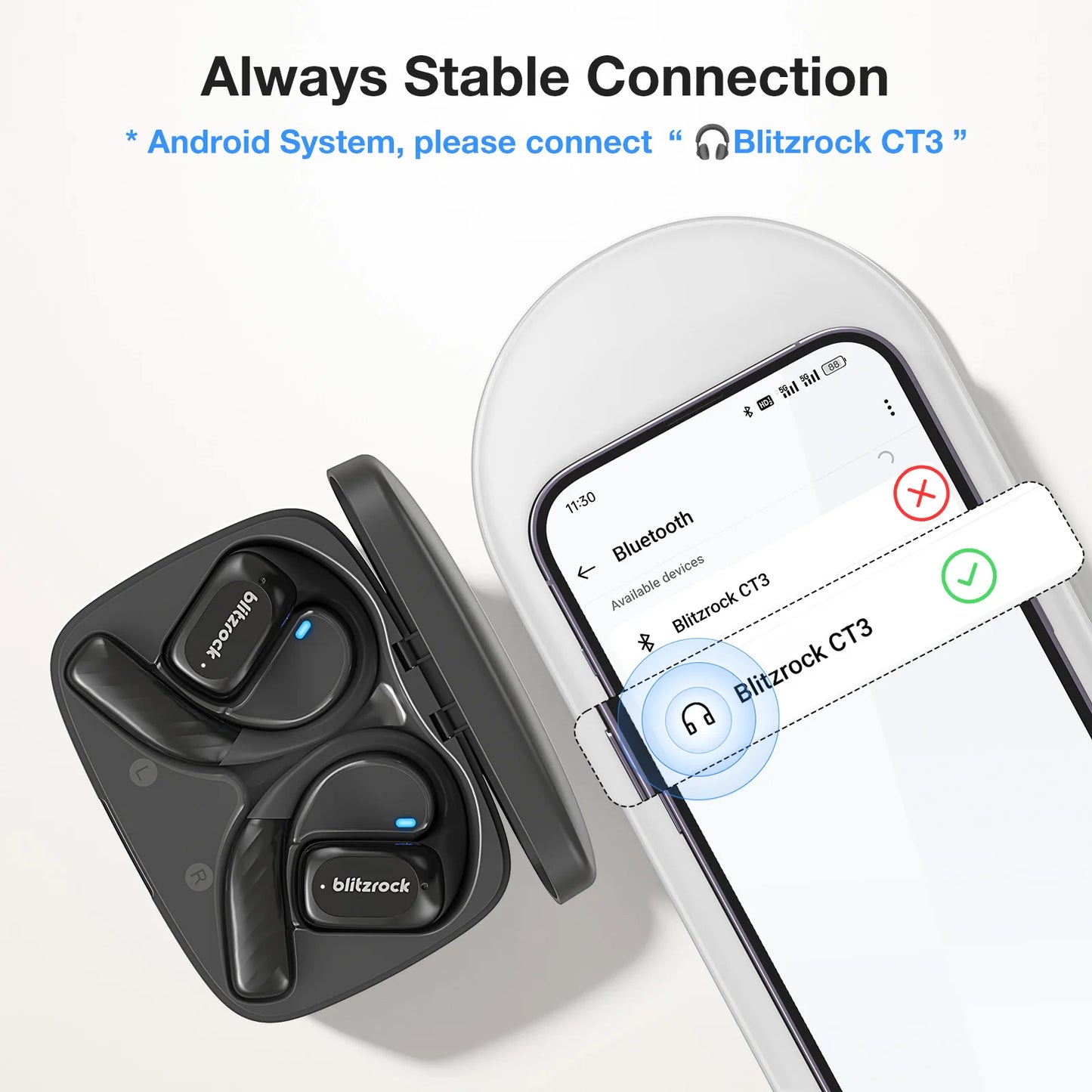 BR-CT3 Open Ear Earbuds bluetooth V5.4 Air Conduction Earhook/Enhanced Bass 4 Mics Clear Calls App Control 28H Earphones