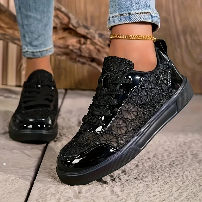 New Arrival Women Lace Mesh Platform Sneakers Floral Embroidery/Breathable Slip On Lace Up Casual Walking Shoes