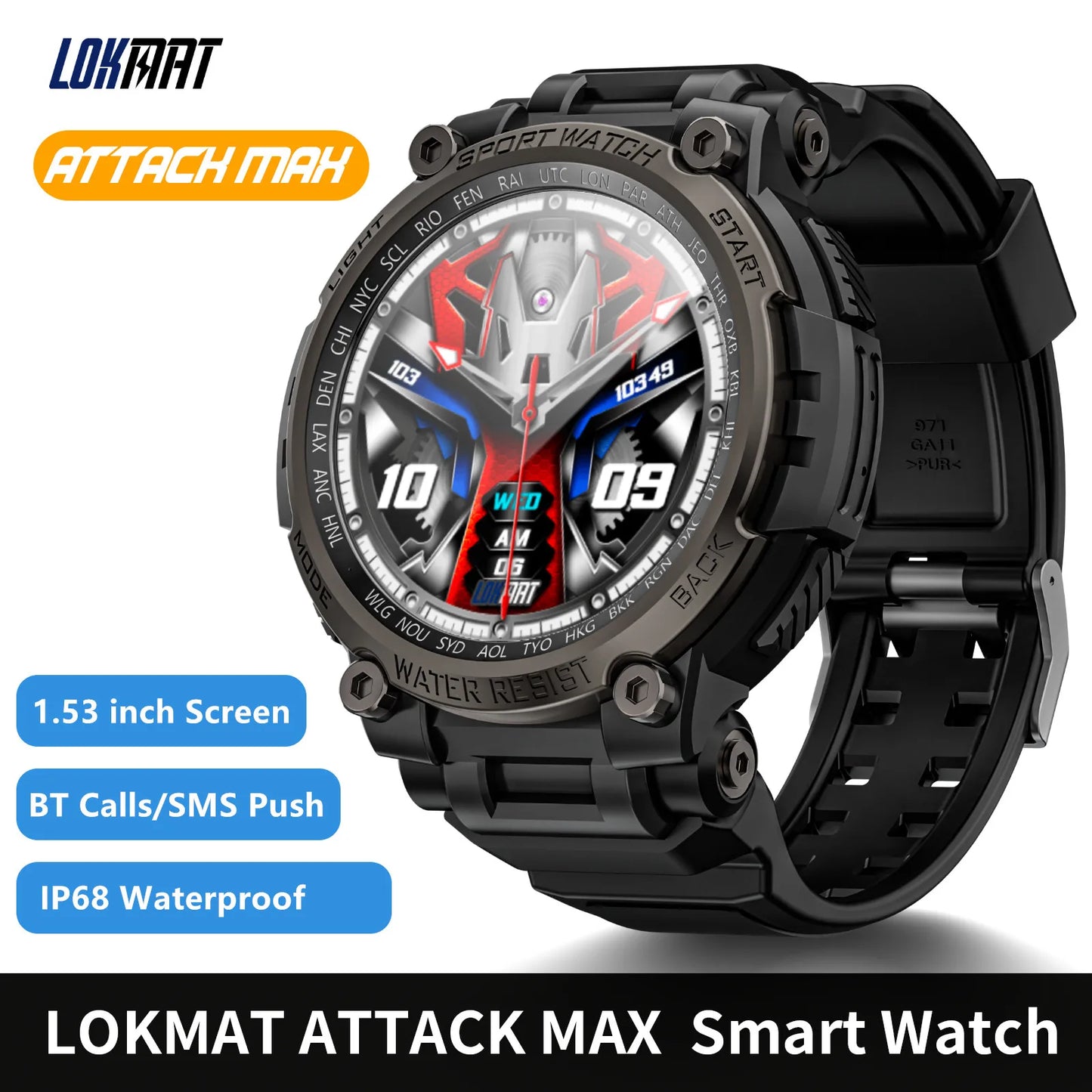 LOKMAT New ATTACK MAX Sport Rugged Smart Watch BT Calls Waterproof/Military Smartwatches Heart Rate Monitor Fitness Tracker