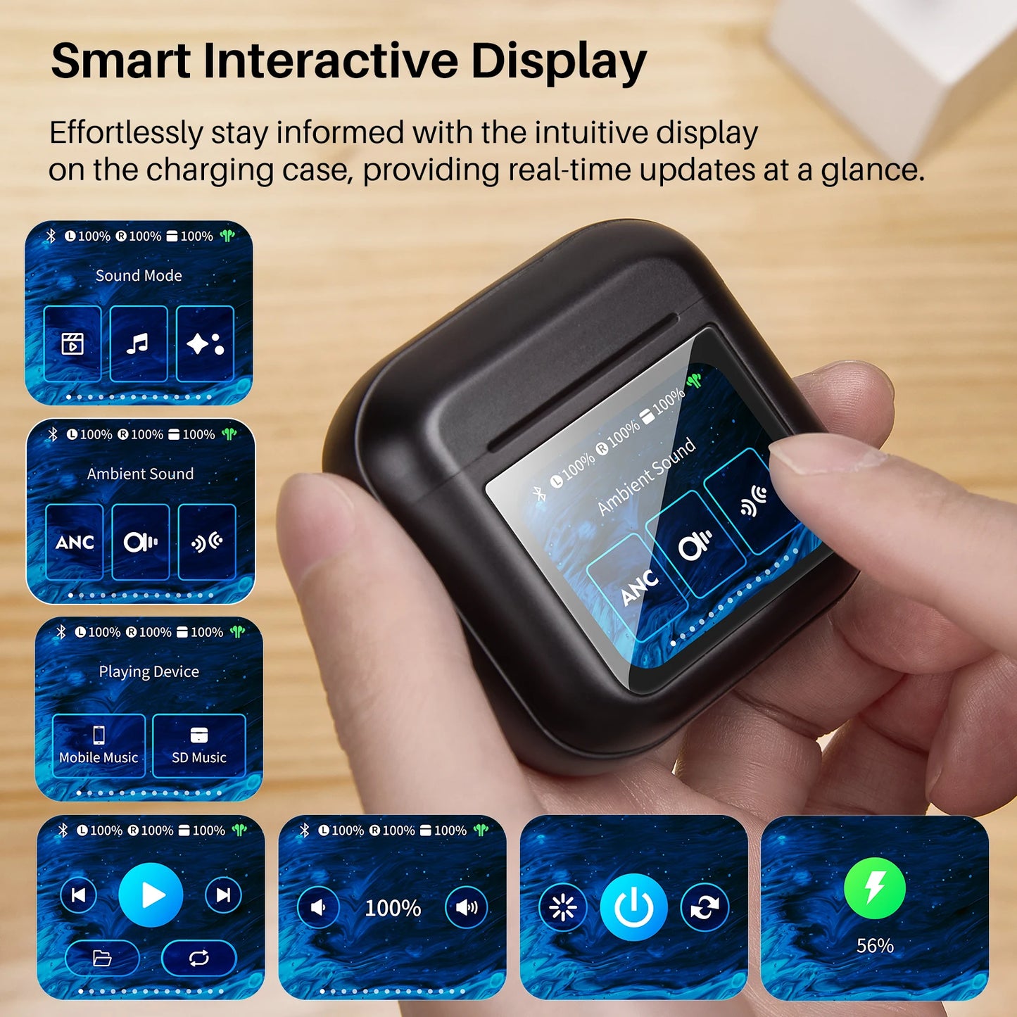 Wireless Earbuds with LCD Touch Screen Control/ANC Noise Cancelling Earphones Music/Game/Movie Mode Immersive