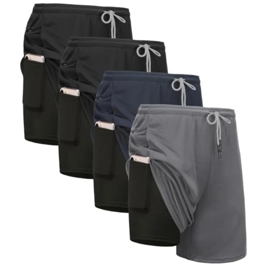 Kinglaman 4 Pack Men's 2 in 1 Running Workout Shorts with Liner/Gym Athletic Quick Dry Sport Shorts with Pockets
