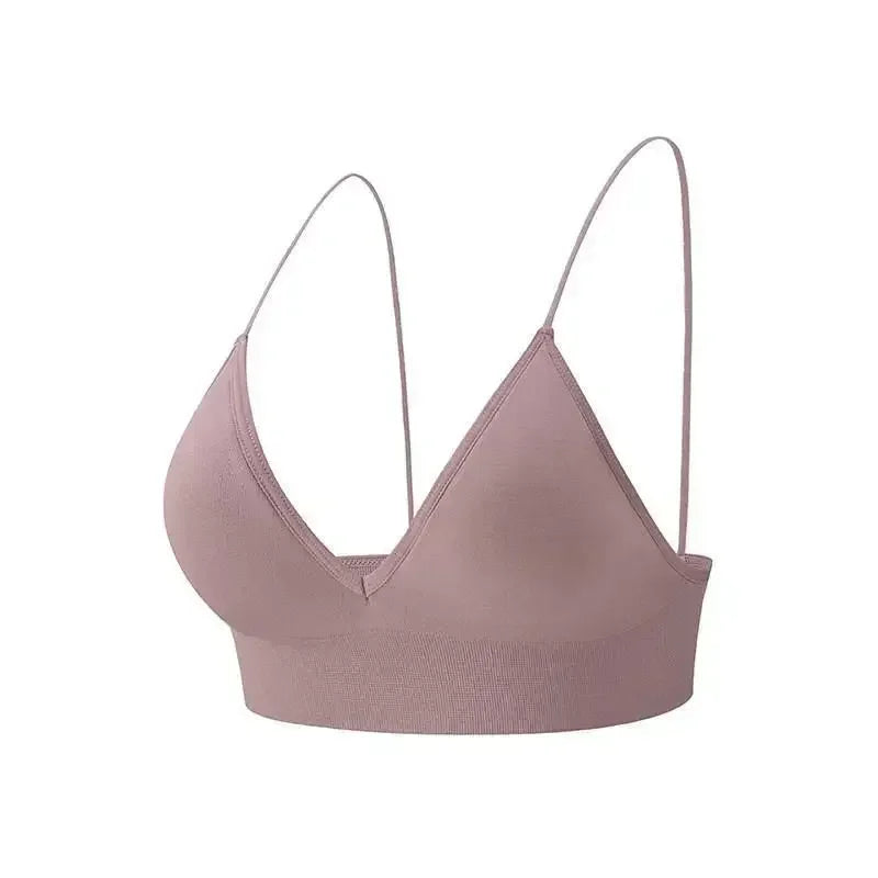 Women V Neck Seamless Triangle Cup Bra Camisole Breathable Gather Up/Chest Wrapped Underwear for Sports Fitness Yoga Casual