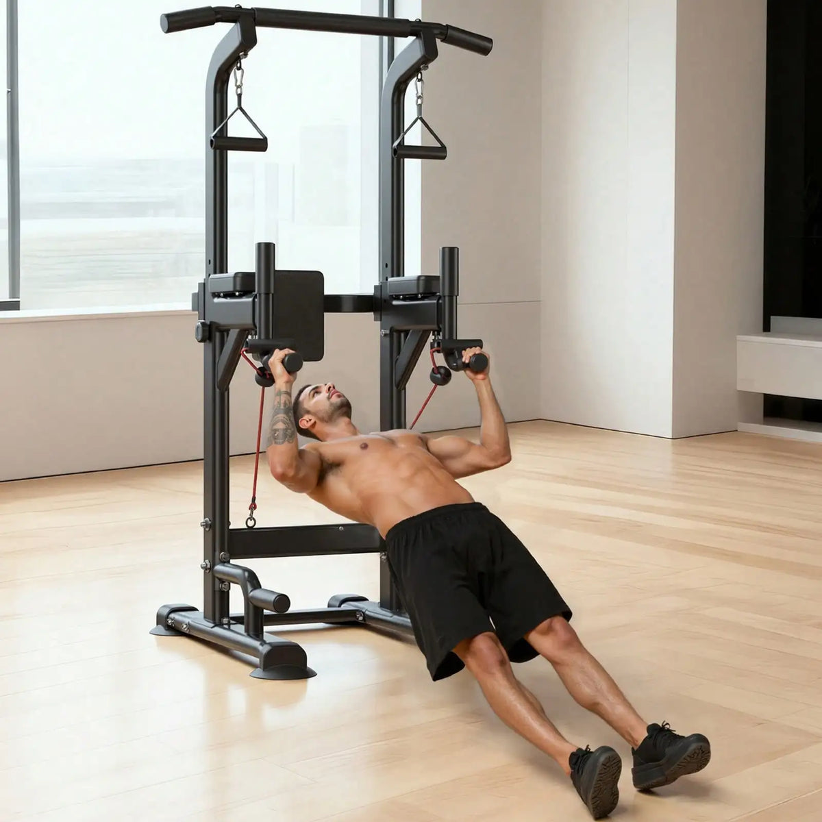 Pull Up Bar, 330 LBS Power Tower Dip Station, Workout Dip Station/With H-Shaped Stable Base & Back Pad, Adjustable 12 Level Height