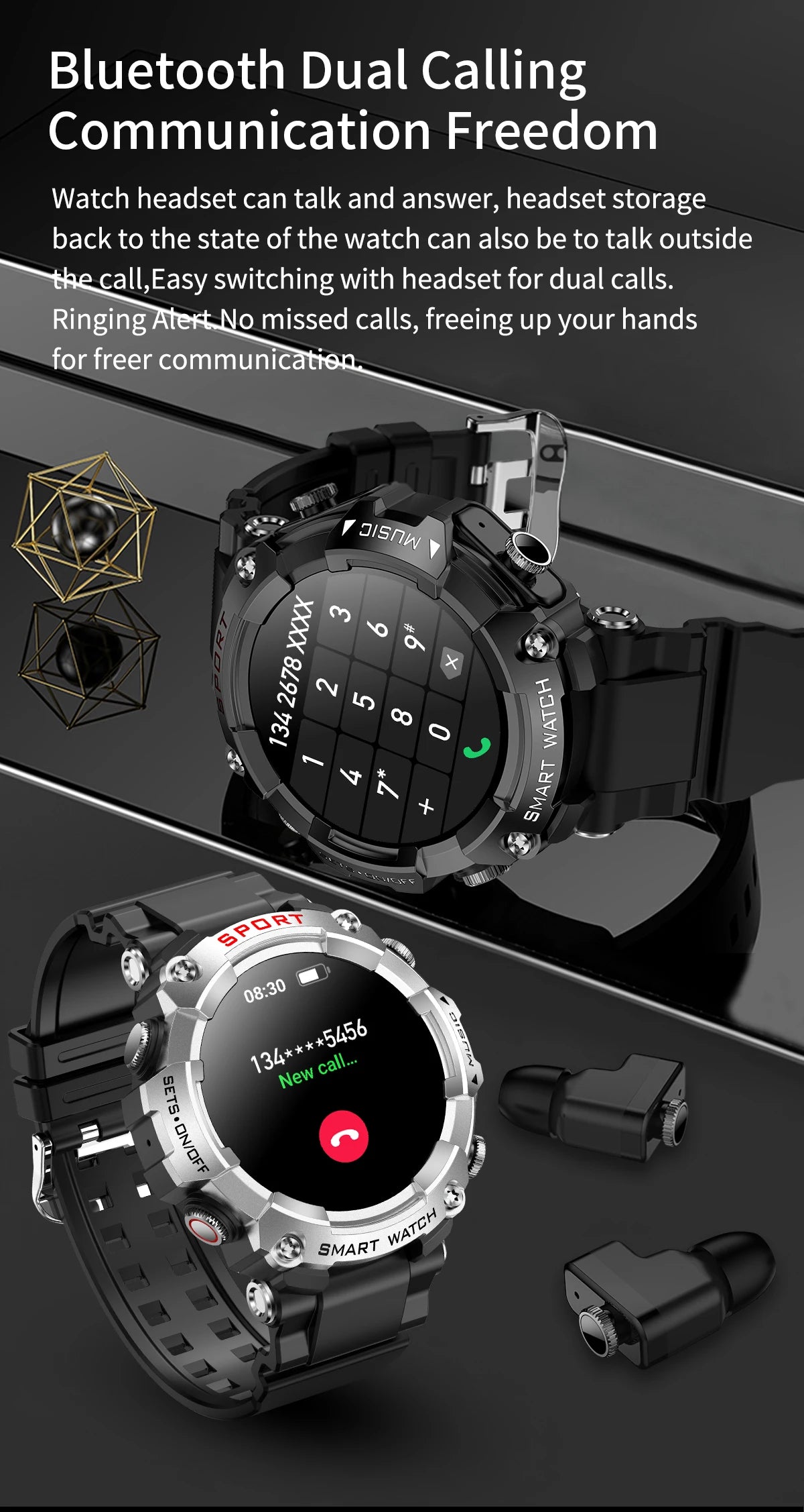 LaNikar Smart Watch AMOLED Display With In-Ear Bluetooth Headset/Heart Rate Blood Pressure Oxygen Saturation Monitoring HD Audio