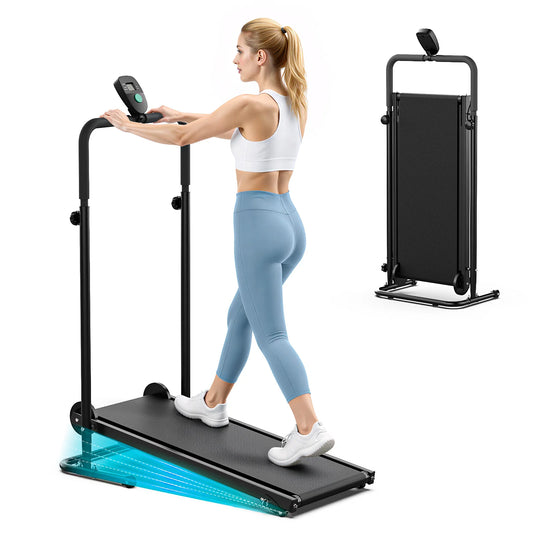 Akluer Non-Motorized Foldable Workout Treadmill/Dual Flywheel with Fixed Incline, LCD Monitor, Slip-Resistant Belt & Comfort Foam Grips
