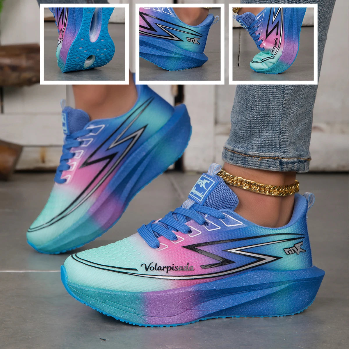 Women Gradient Lightning Print Running Sneakers Breathable/Flying Weave Mesh Light Cushion Non Slip Shock Absorb Athletic Shoes