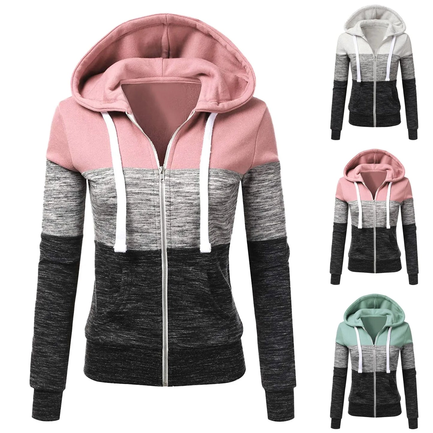 Long Sleeve Top Female Coat Outfits Women's Color Block Sweatshirt/Long Sleeve Zipper Hooded Women Winter Fashion Coats