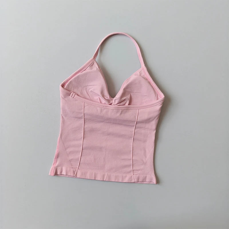 Longline Strappy Seamless Yoga Tank Top Backless/Gym Vest with Built-in Bra Sleeveless Workout Top