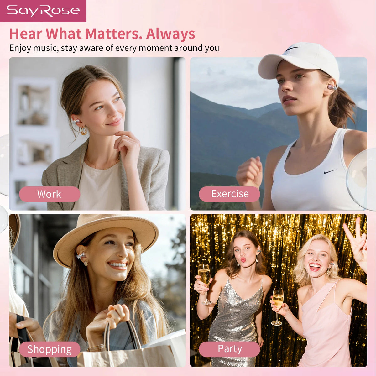 SayRose RJ-65 Fashion Open Ear Bluetooth Earbuds V5.4 ENC Call/Noise Reduction Bag Style Charging Case Wireless Headphones