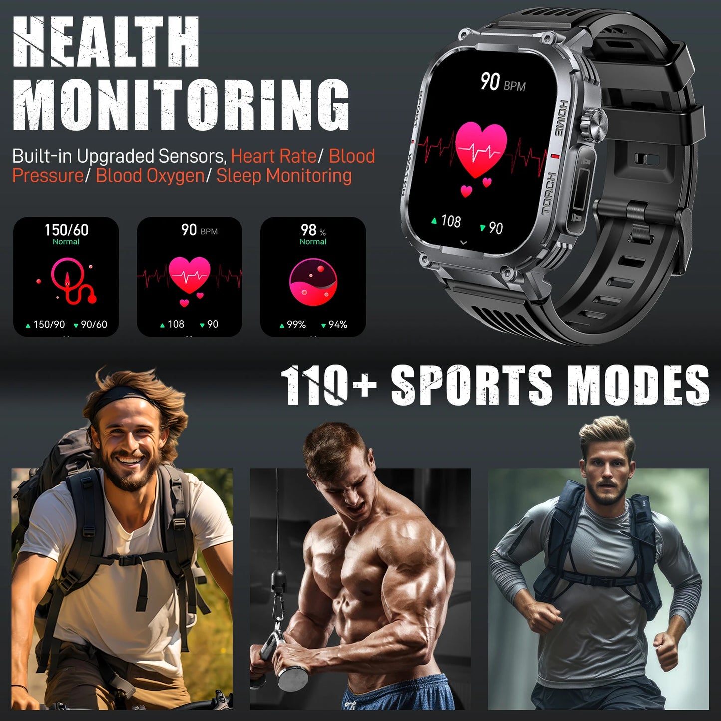 LaNikar New Smart Watch Men 3ATM Waterproof 2.02"S320B With Compass/And LED Flashlight Sports And Fitness Tracking Heart Rate