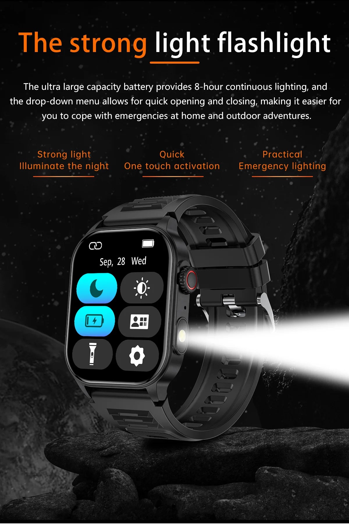 LIGE New Smart Watch LED Flashlight Military Sport Watches/2.01'' Screen Health Monitor Bluetooth Call Waterproof Smartwatch Men