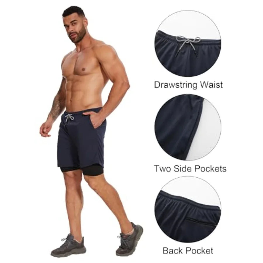 Kinglaman 4 Pack Men's 2 in 1 Running Workout Shorts with Liner/Gym Athletic Quick Dry Sport Shorts with Pockets