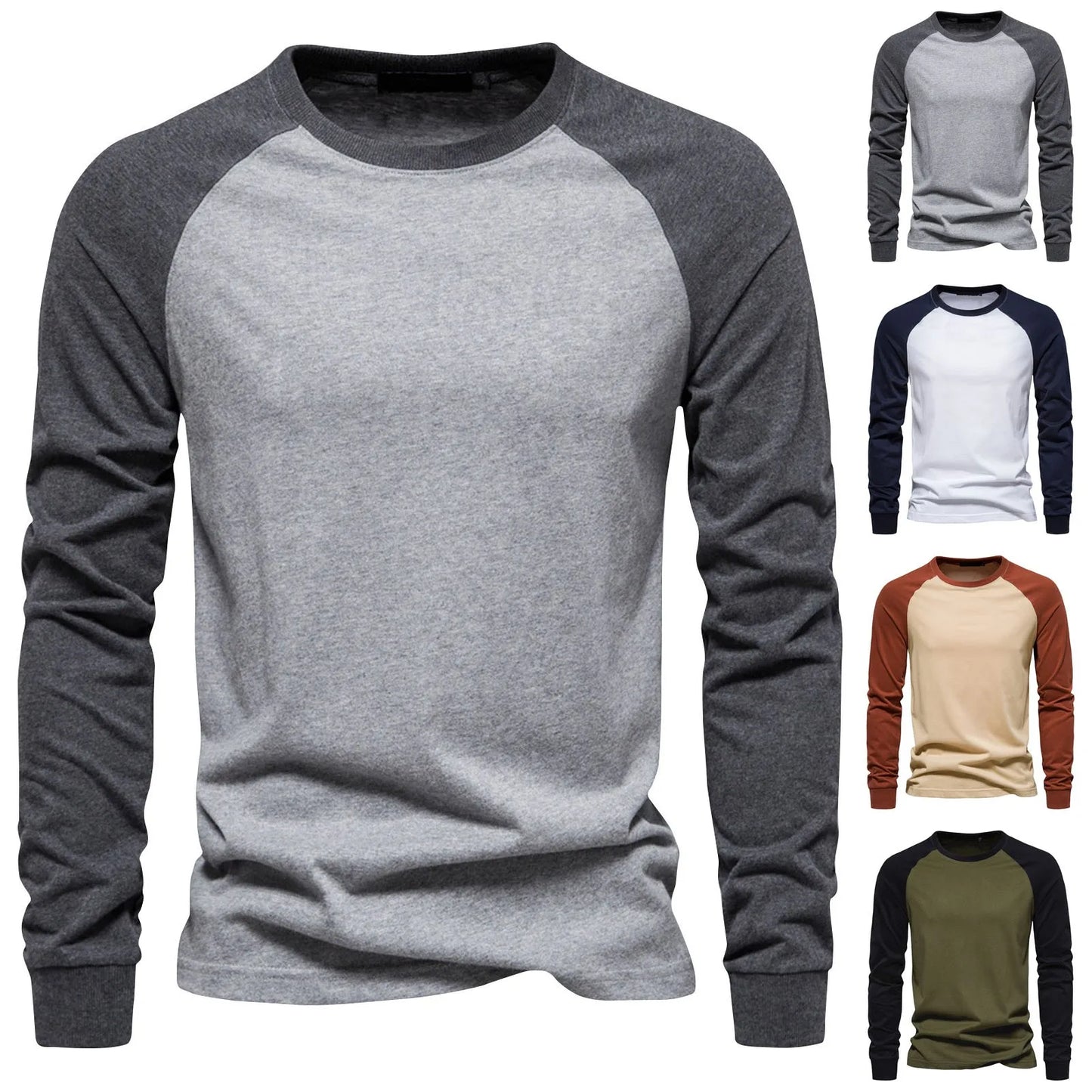 Men's Round Neck T-shirts Raglan Sleeve/Color Matching Long Sleeve Shirt Men's long sleeved