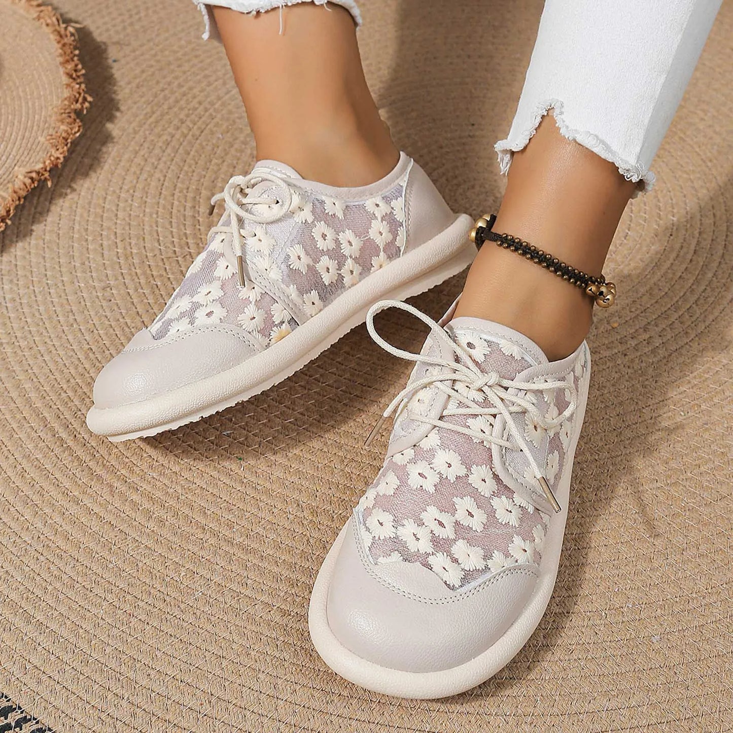 Sneakers For Women Clearance 2024 Ladies Casual Flower Lace/Breathable Soft Bottom Flat Women's Sports Shoes