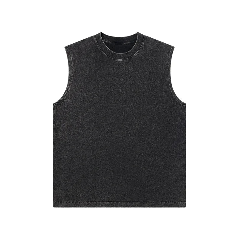 230g Pure Cotton European and American High Street Retro Washed/Distressed Sleeveless Vest Men's Casual Loose Shoulder T-shirt