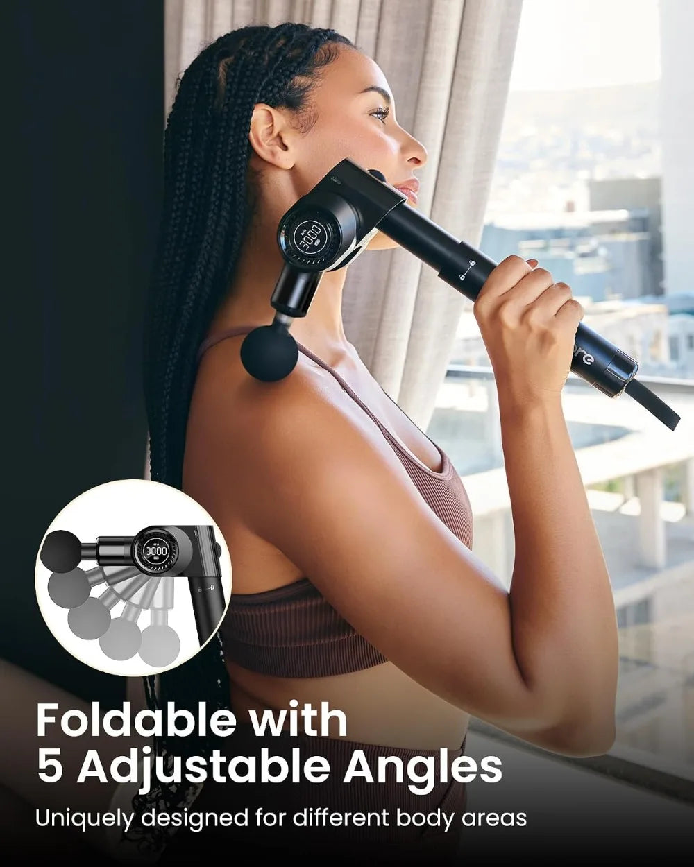 Foldable Massage Gun with Extension Handle 5 Adjustable Angles/Deep Tissue Back Massager 32 Speeds, 6 Heads, Quiet & Portable