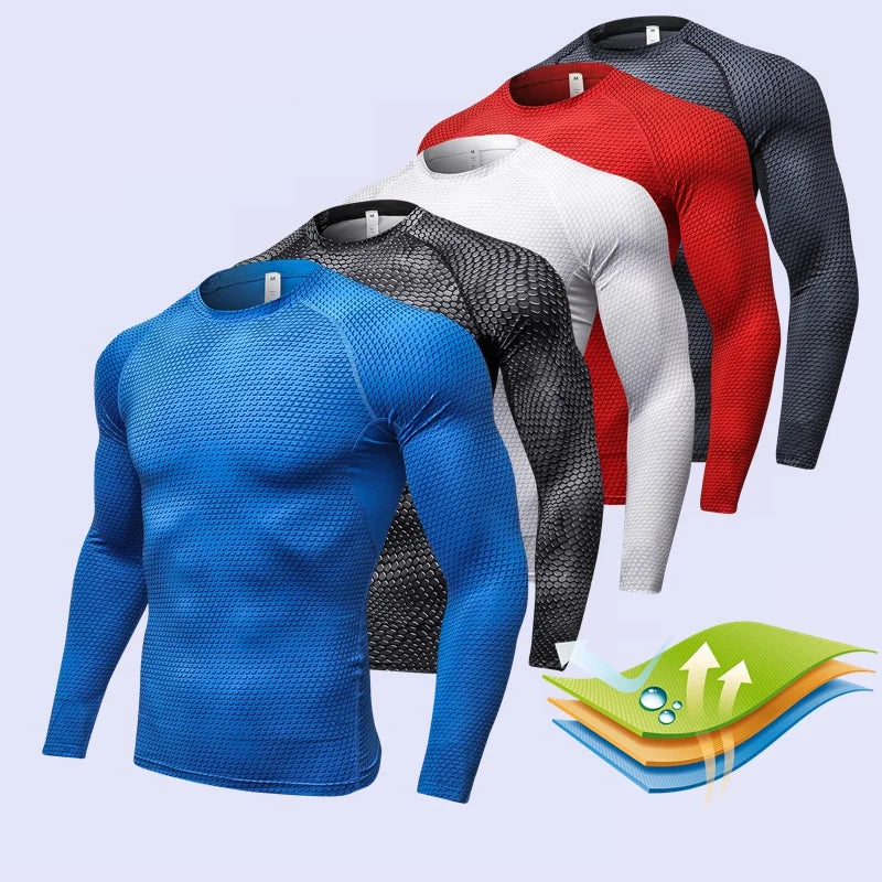 Men's Fitness Running Training Long-Sleeved Shirts Tight Elastic/Quick-Drying Clothes Gym T-Shirt Workout Athletic Undershirts