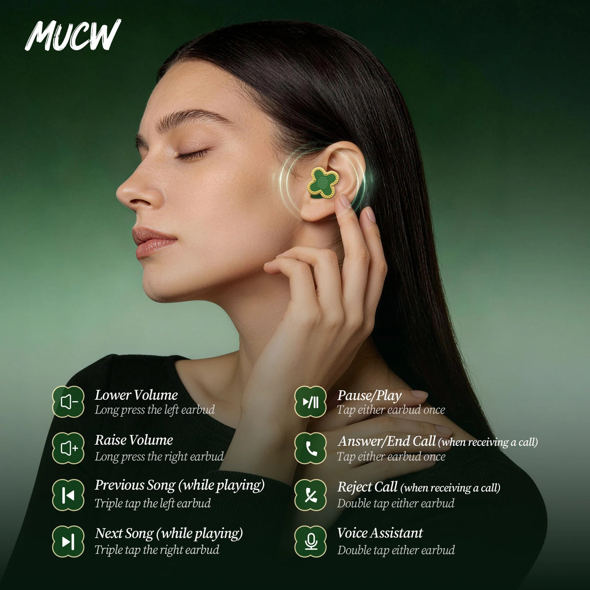 MUCW CO06 Four‑Leaf Clover TWS Wireless Earbuds Bluetooth/V6.0 ENC Call Noise Reduction 3.3g Lightweight In‑Ear Headphones