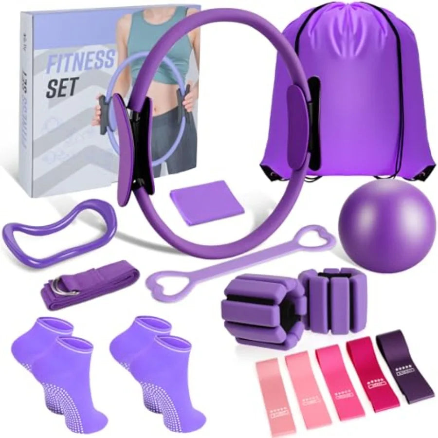 Pilates Ring and Ball Set Home Fitness Equipment for Women/with Resistance Bands 12'' Magic Circle 9.8'' Ball for Stress