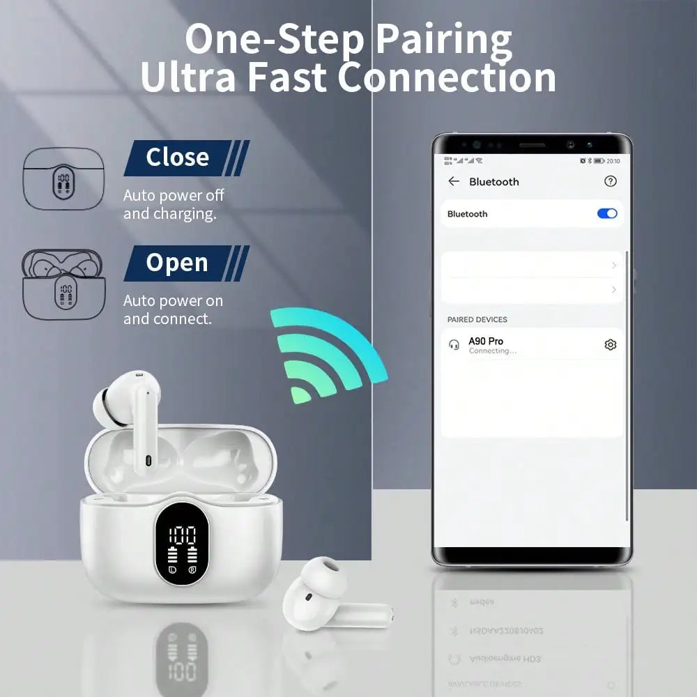 Ordtop Wireless Earbuds Bluetooth Headphones 48H Playtime Ear Buds/With LED Power Display, IPX7 Waterproof Bluetooth 5.4 Earphones