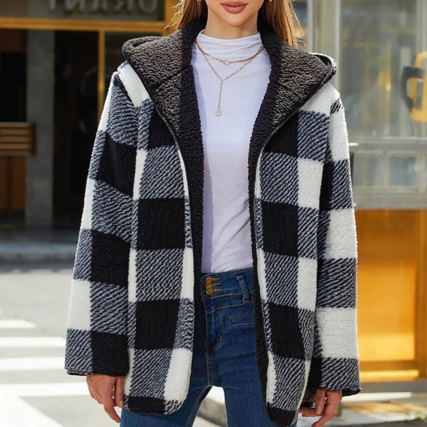 Women's Loose Warm Plaid Buttonless Cardigan Vintage Hooded/Double-Sided Plush Jacket Loose Fit Fleece Warm Jackets