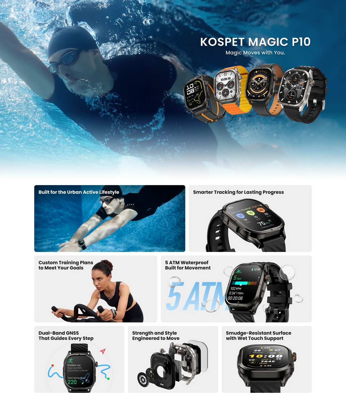 KOSPET MAGIC P10 GPS Smartwatch For Men Anti-Fingerprint AMOLED Screen/Dual-Band GNSS IP69K 5ATM Waterproof 180+ Sport Mode