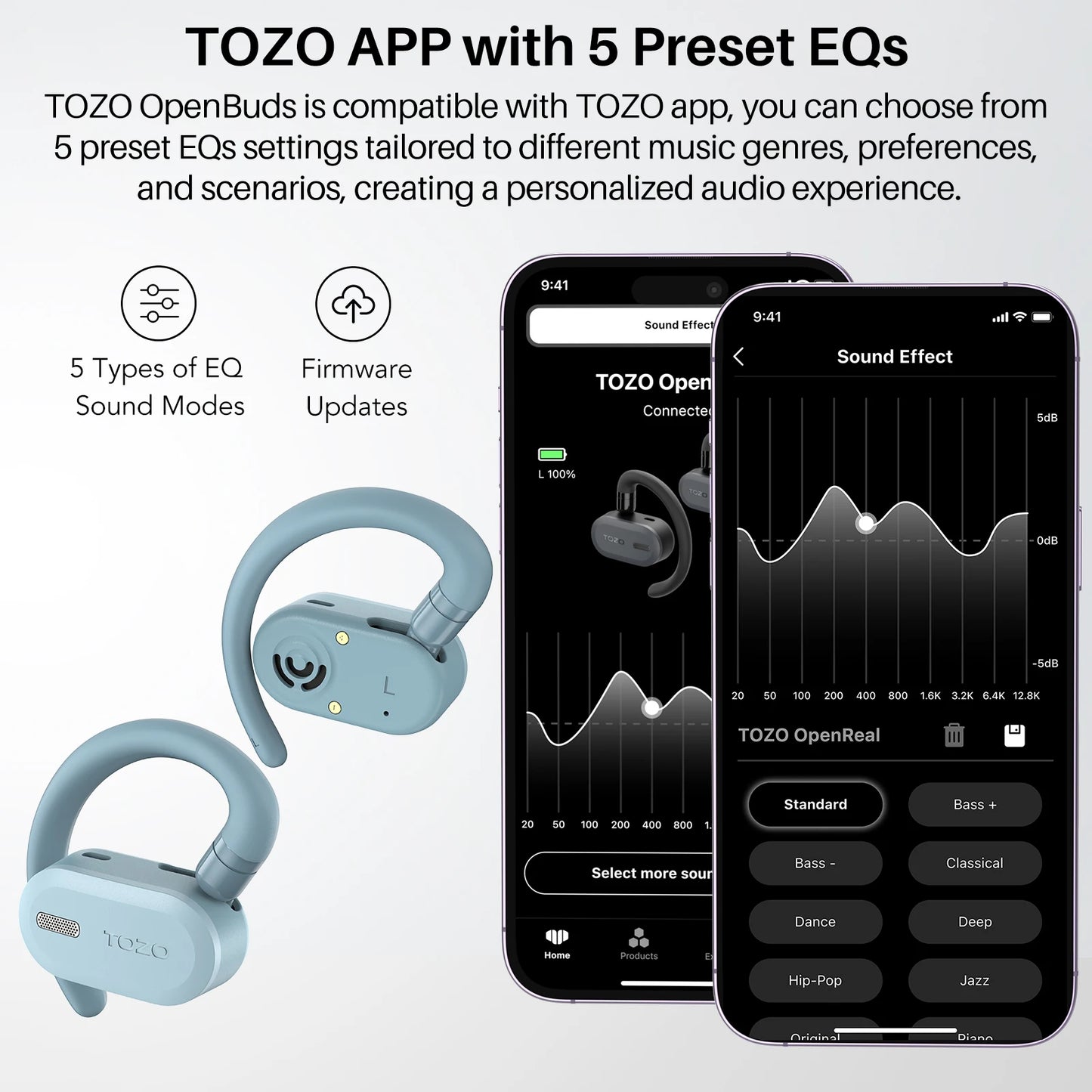 Refurbished TOZO Open Ear Hooks Headphones OWS Wireless Bluetooth/5.3 Earphones Earbuds Adjustable Music Sport HiFi Stereo Sound