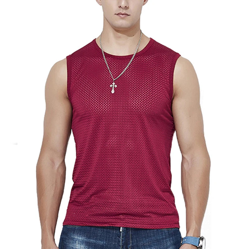 Summer Men Ice Silk Tank Top Mesh Quick Dry/Breathable Sleeveless Sport Bodybuilding Vest