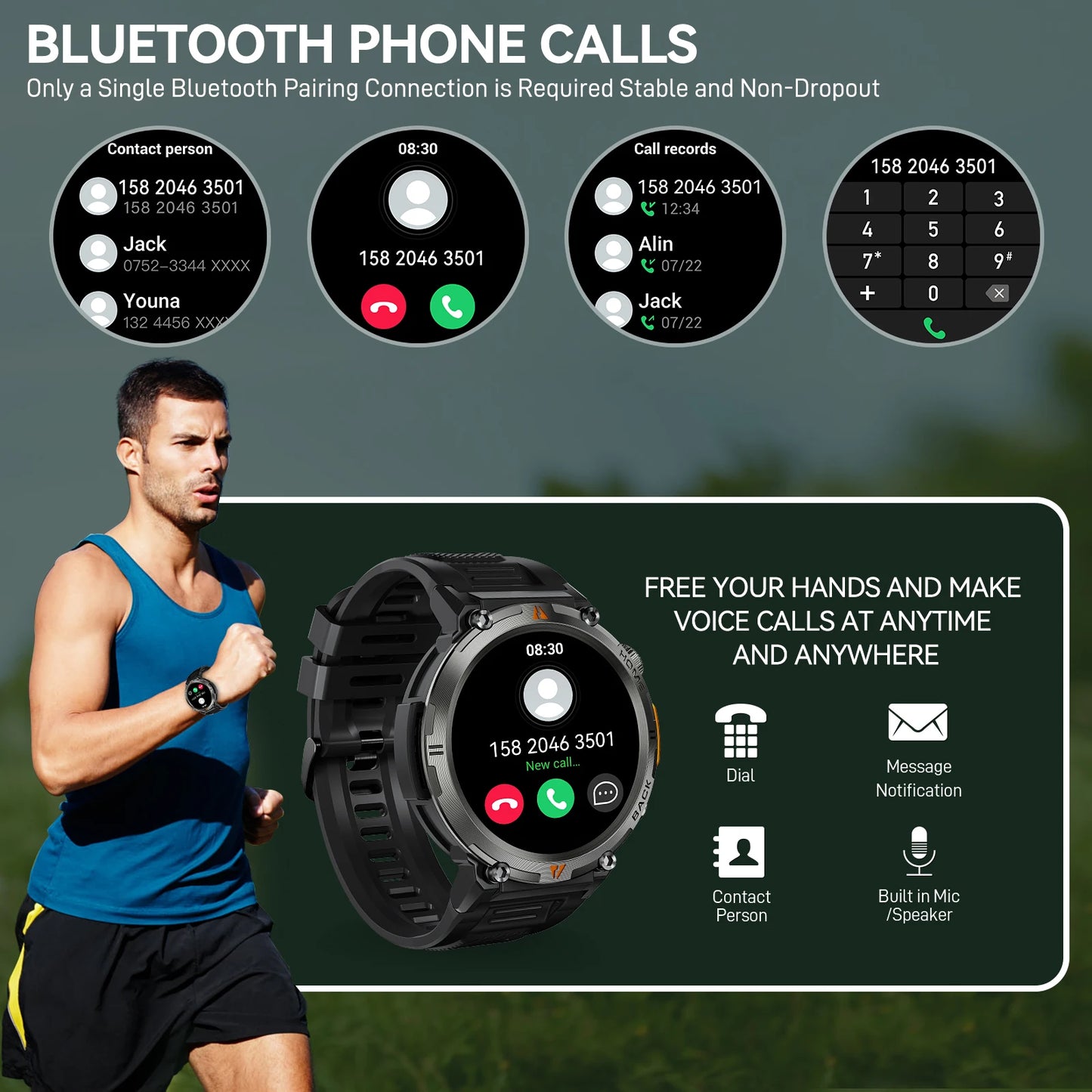 EIGIIS New KE3 Bluetooth Call Smart Watch Full Touch Screen/Health Monitor Clock With Flashlight  For IOS Android