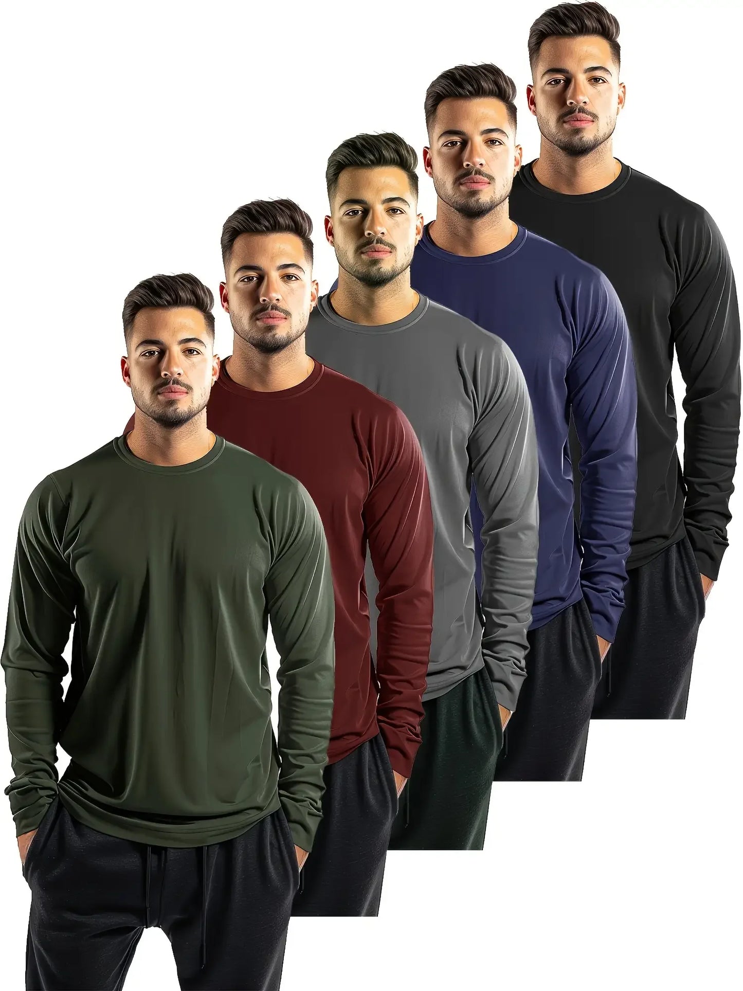 5-piece men's solid color round neck long sleeved/T-shirt, versatile design comfortable and fashionable