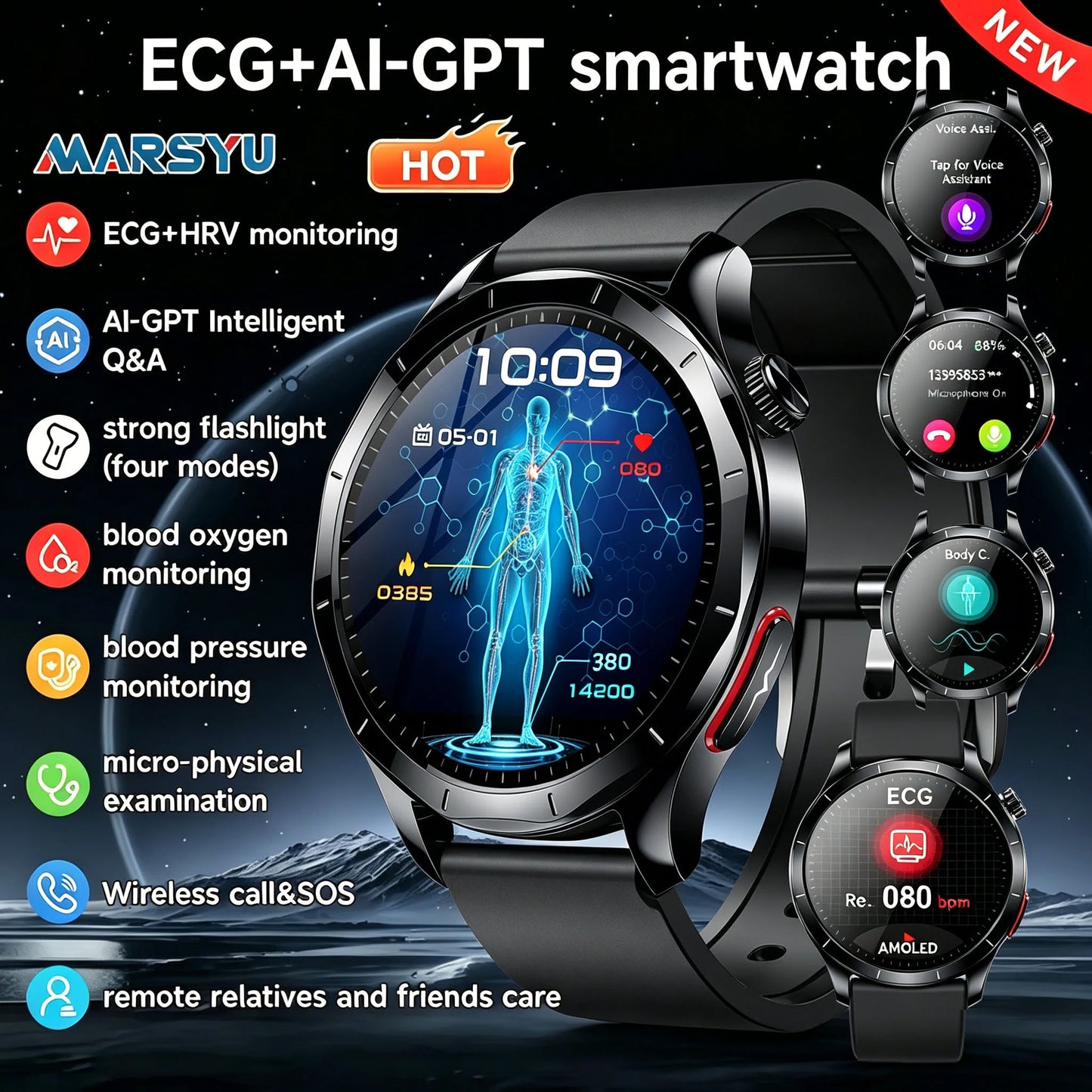 Marsyu 2026 Smart Watch ECG+PPG Uric Acid Blood Pressure Body Analysis/HD Call LED Flashlight Smart Watch Women Men