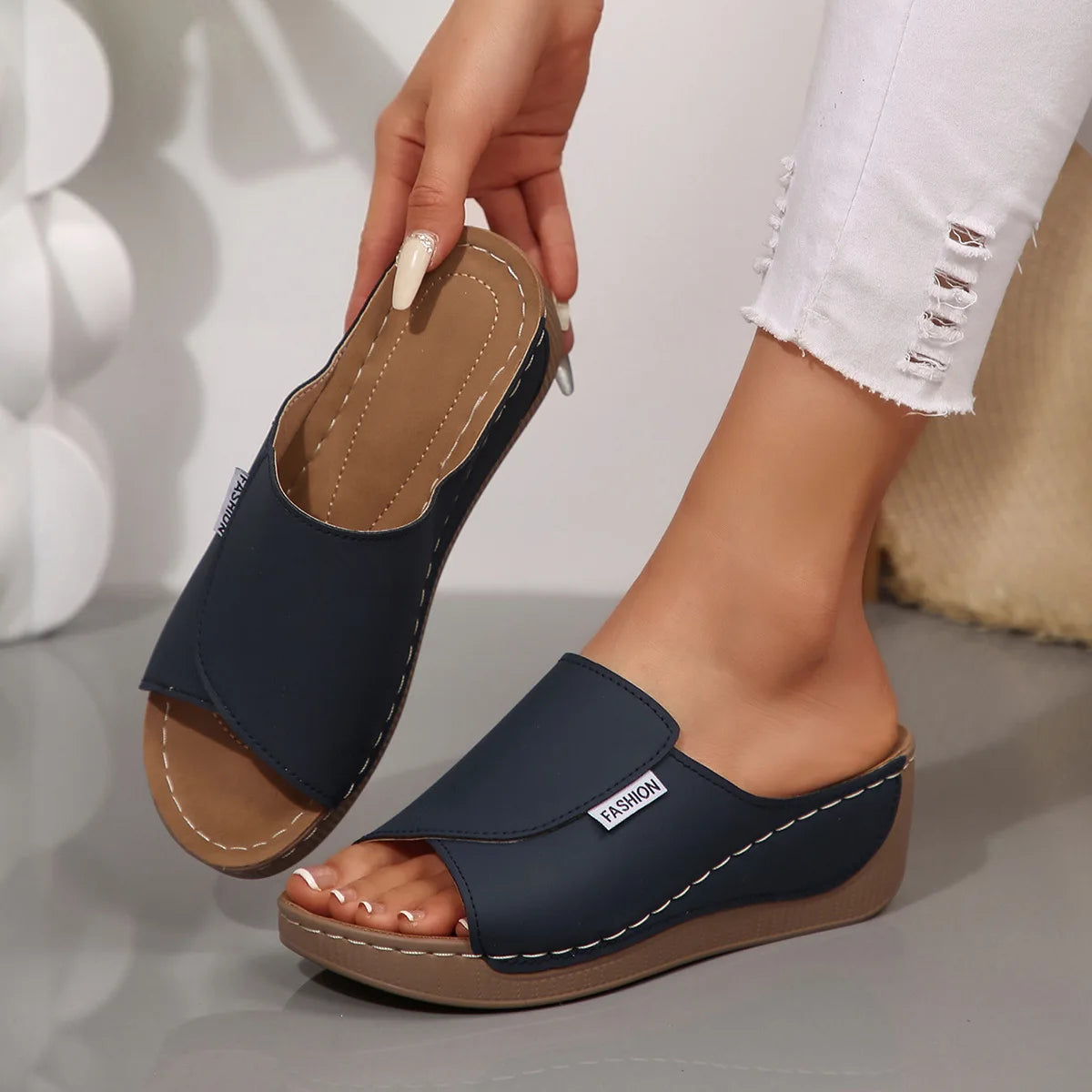 Women's Cork Wedge Platform Slide Mules Single Strap Open Toe/Slip On Sandals Non-Slip Comfort Summer Footwear