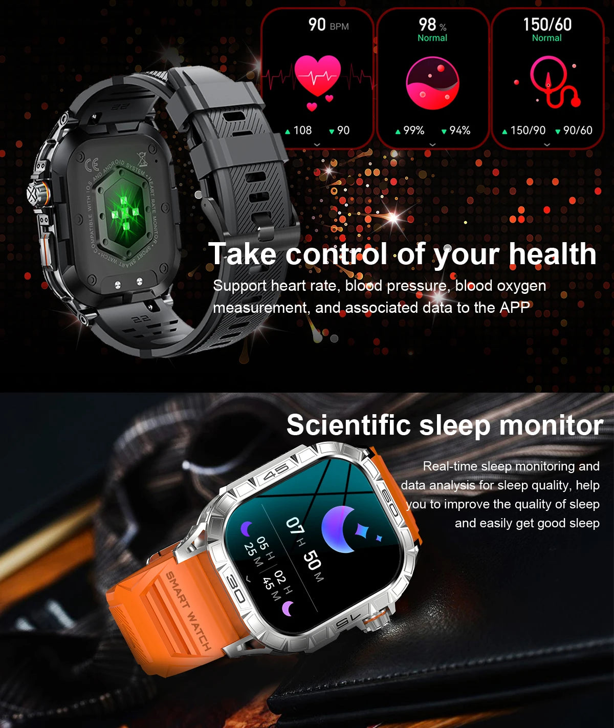 EIGIIS New Smart Watch ED Display 100+ Sport Mode With Compass/IP68 Waterproof Bluetooth Call Heart Rate Blood Pressure Men K63