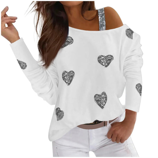 Fashion Heart Print T Shirt Women Spring Long Sleeves/Skew Collar Off Shoulder Tops Tee Shirt