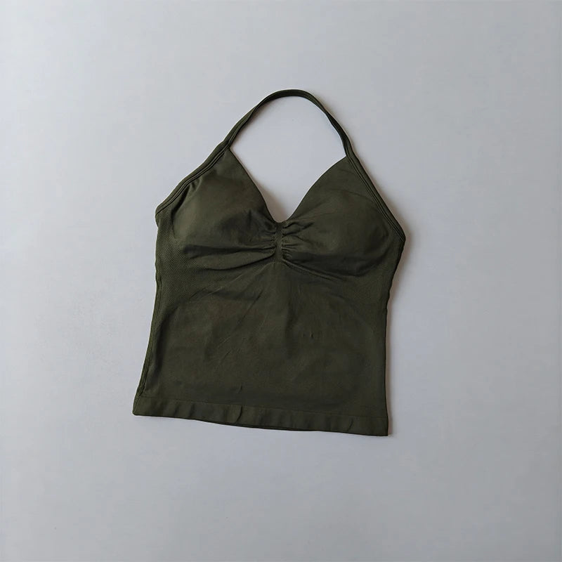 Longline Strappy Seamless Yoga Tank Top Backless/Gym Vest with Built-in Bra Sleeveless Workout Top