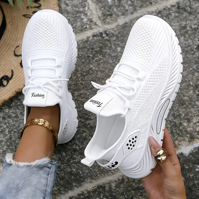 Women Platform Chunky Sneakers Breathable Flying Knit Lace Up/Two Wear Back Slip On Walking Shoes Lightweight Non Slip Thick Sole