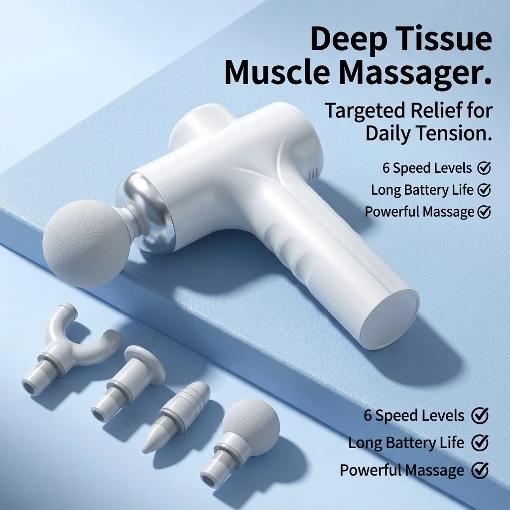 Massage Gun Deep Tissue Percussion Muscle Massager/Professional Handheld Electric Massager for Athletes Pain Relief 6 Speeds 4 Heads