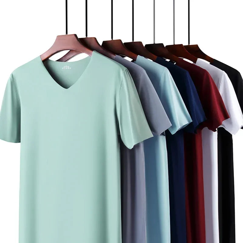 Ice Silk Men T-shirts Summer Seamless Sport Underwear Casual V-neck/Thin T-shirts Quick Dry Shirt Tops Bottoming Shirt for Men
