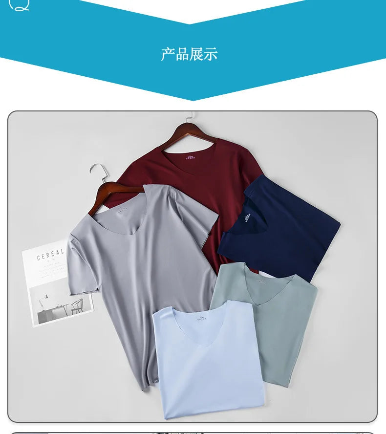 Ice Silk Men T-shirts Summer Seamless Sport Underwear Casual V-neck/Thin T-shirts Quick Dry Shirt Tops Bottoming Shirt for Men