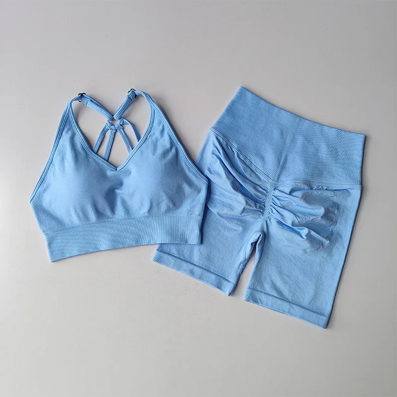 2 Pcs Yoga Sets Women High Waist Workout Outfits Gym Wear/Gym Clothing Sports Suits Fitness Tracksuit Sportswear Shorts Suit