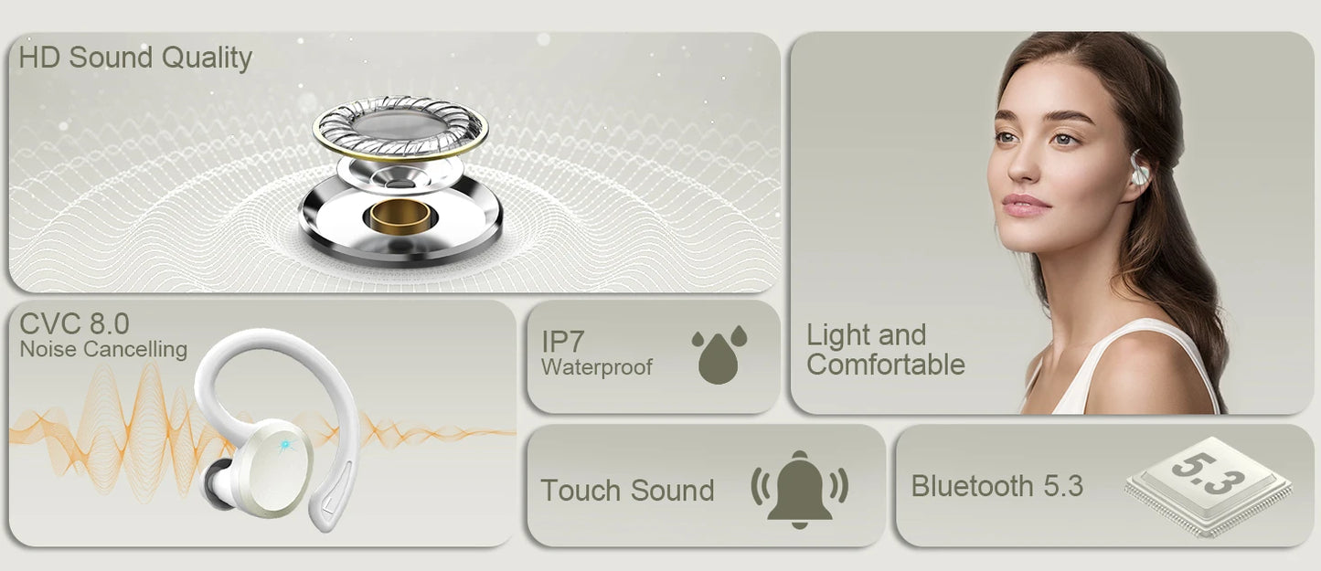 Wireless Earbuds, Bluetooth 5.3 On-Ear Headset Noise Cancelling Mic/48H Playtime Sports Headphones for Workout/Running