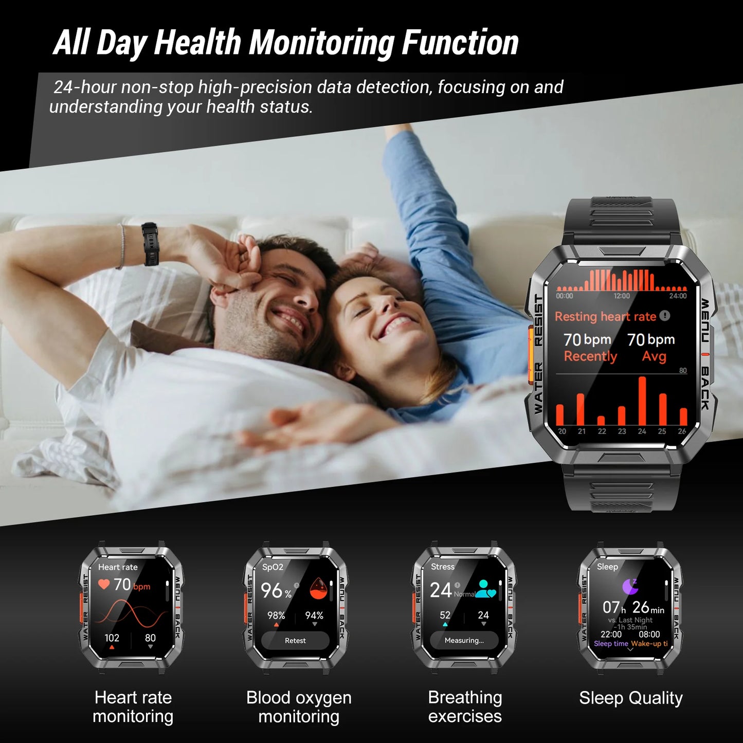 Blackview New Smart Watch 2.01'' HD Display Outdoor Men's Watches/with Emergency Lighting Bluetooth Call Waterproof Smartwatch