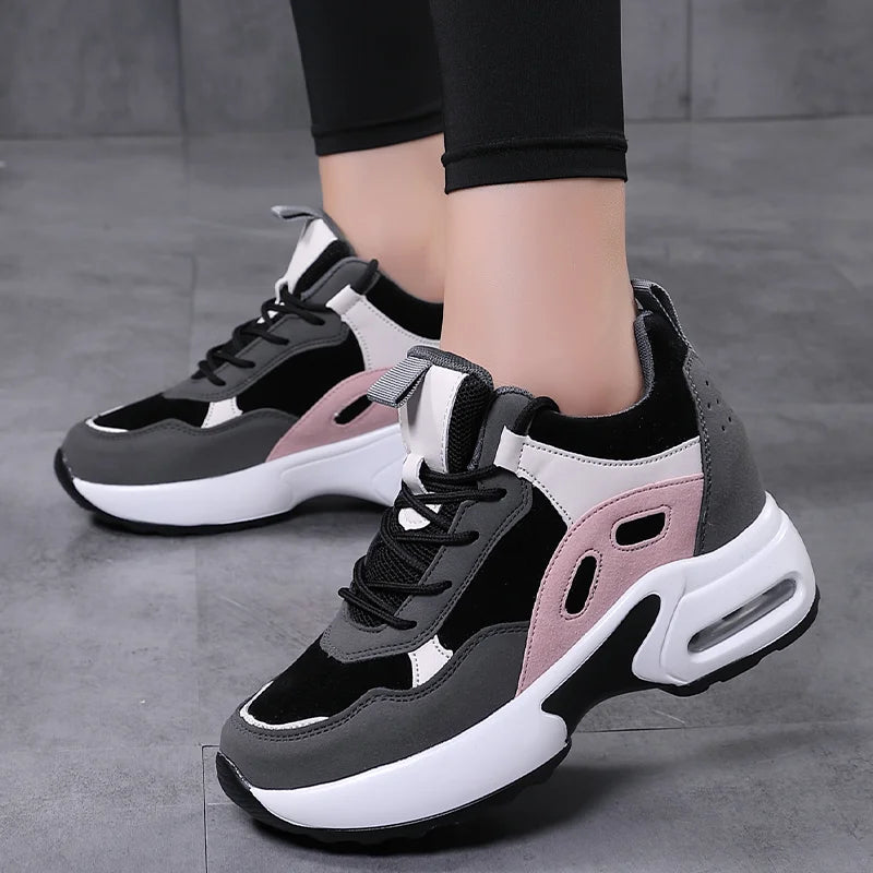 Women Air Cushion Sneakers Mix Color Height Increase Shoes/Outdoor Wedge Platform High Heels Lace-up Walking Shoes