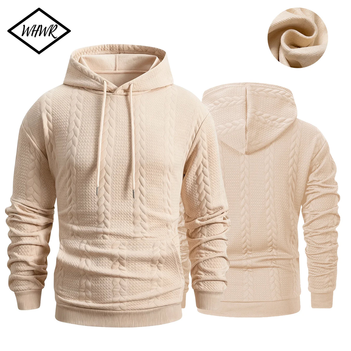 Men's Winter Warm Fleece Hoodie Cable Knit Textured Pullover/Hooded Sweatshirt Kangaroo Pocket for Gym Street Cold Weather Jacket